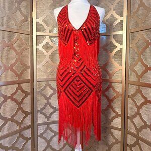Babeyond Red Flapper Dress Sequin Fringe 1920s Gatsby Costume Womens S
